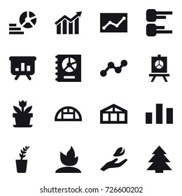 16 vector icon set : diagram, statistic, presentation, annual report, graph, flower, greenhouse, seedling, sprouting, hand leaf, spruce