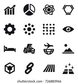 16 vector icon set : diagram, atom, hex molecule, gear, round around, chip, modern architecture, landscape, field, clean floor