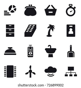 16 vector icon set : diagram, purse, remove from basket, stopwatch, brick, palm, identity card, service bell, remote control, scoop, hierarchy
