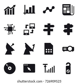 16 vector icon set : diagram, graph, newspaper, chip, notebook connect, singlepost, signpost, satellite antenna, do not distrub