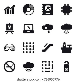 16 vector icon set : diagram, circle diagram, annual report, chip, presentation, notebook, cloude service, cloud wireless, smart glasses, escalator, reception, no smoking, do not distrub