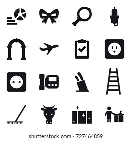 16 vector icon set : diagram, bow, magnifier, spark plug, arch, power socket, intercome, stands for knives, stairs, rake, cow, clean  window, kitchen cleaning