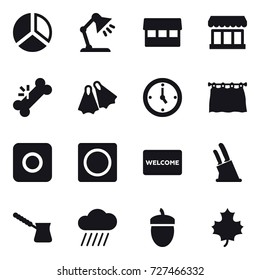 16 vector icon set : diagram, table lamp, market, flippers, watch, curtain, ring button, welcome mat, knife holder, turk, rain cloud, acorn, maple leaf