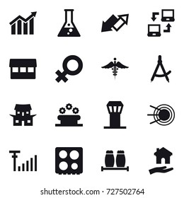 16 vector icon set : diagram, flask, up down arrow, notebook connect, market, draw compass, japanese house, flower bed, airport tower, housing