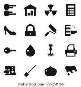 16 vector icon set : diagram, warehouse, nuclear, calculator, shoes, lock, repair, hotel, key, drop, shovel, tomato, spot