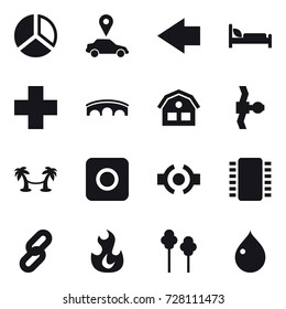 16 vector icon set : diagram, car pointer, left arrow, bridge, house, palm hammock, ring button, trees, drop