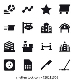 16 vector icon set : diagram, graph, star, delivery, shop signboard, building, barn, vip fence, hotel, power socket, chef knife, rake