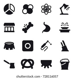 16 vector icon set : diagram, atom core, atom, table lamp, market, fountain, stadium, ring button, knife holder, turk, udder, foam bucket