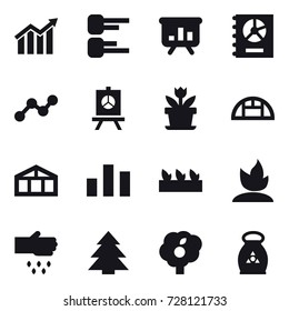 16 vector icon set : diagram, presentation, annual report, graph, flower, greenhouse, seedling, sprouting, sow, spruce, garden, fertilizer