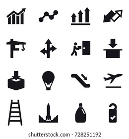 16 vector icon set : diagram, graph, graph up, up down arrow, tower crane, air ballon, escalator, departure, stairs, cleanser, please clean