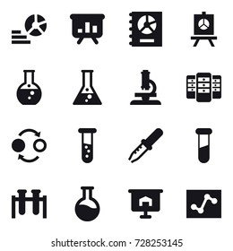 16 vector icon set : diagram, presentation, annual report, round flask, flask, microscope, server, quantum bond, vial