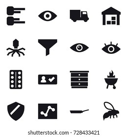 16 vector icon set : diagram, eye, truck, warehouse, virus, funnel, check in, chest of drawers, bbq, pan, wasp