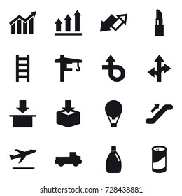 16 vector icon set : diagram, graph up, up down arrow, lipstick, stairs, tower crane, air ballon, escalator, departure, pickup, cleanser powder