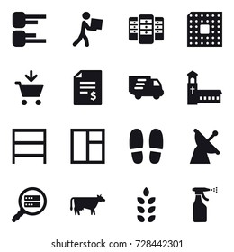16 vector icon set : diagram, courier, server, cpu, add to cart, account balance, delivery, church, rack, window, slippers, cow, spikelets, sprayer