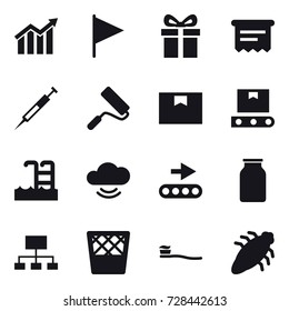 16 vector icon set : diagram, flag, gift, atm receipt, repair, pool, hierarchy, trash bin, tooth brush, bug