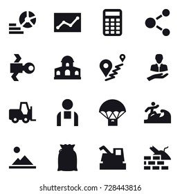 16 vector icon set : diagram, statistic, calculator, molecule, satellite, mansion, surfer, landscape, harvester, construct garbage