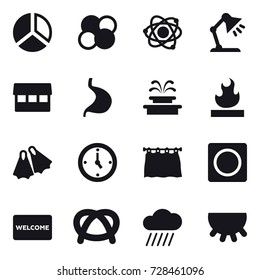 16 vector icon set : diagram, atom core, atom, table lamp, market, fountain, flippers, watch, curtain, ring button, welcome mat, rain cloud, udder