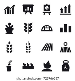 16 vector icon set : diagram, presentation, graph up, flower, greenhouse, spikelets, field, seedling, sprouting, fertilizer