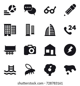16 vector icon set : diagram, discussion, pencil, houses, skyscrapers, skyscraper, camera, home, electricity, pool, wasp, garden, spot