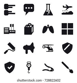 16 vector icon set : diagram, message, flask, weather management, store, shopping bag, window, repair, loudspeaker, handle scales, walnut crack, big spoon