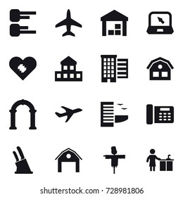 16 vector icon set : diagram, plane, warehouse, notebook, cottage, houses, house, arch, hotel, knife holder, barn, scarecrow, kitchen cleaning