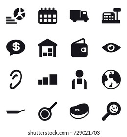 16 vector icon set : diagram, calendar, truck, cashbox, money message, warehouse, wallet, earth, pan, viruses