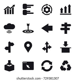 16 vector icon set : diagram, around gear, graph up, cloud wireless, target, left arrow, singlepost, reload, recycling
