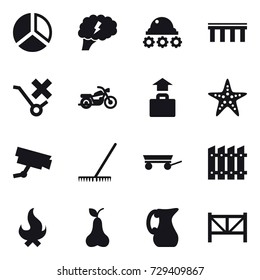 16 vector icon set : diagram, brain, lunar rover, bridge, motorcycle, baggage, starfish, rake, trailer, fence, fire, pear, jug, farm fence