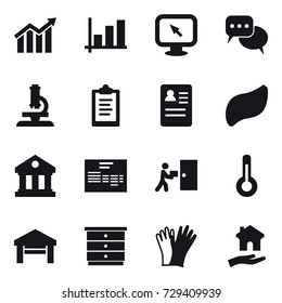 16 vector icon set : diagram, graph, monitor arrow, discussion, microscope, clipboard, library, thermometer, garage, chest of drawers, gloves, housing