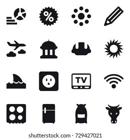 16 vector icon set : diagram, percent, round around, pencil, journey, goverment house, building helmet, sun, shark flipper, power socket, tv, flour, cow