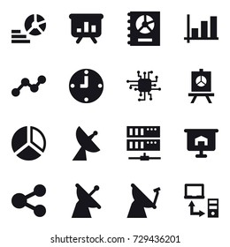 16 vector icon set : diagram, presentation, annual report, graph, clock, chip, satellite antenna, server