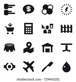 16 vector icon set : diagram, money message, atom core, lightning, add to cart, calculator, architector, fence, stadium, table, chef knife, drop