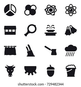 16 vector icon set : diagram, atom core, atom, market, magnifier, fountain, flippers, curtain, knife holder, turk, rain cloud, cow, udder, acorn, foam bucket