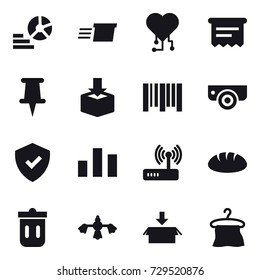 16 vector icon set : diagram, delivery, cardio chip, atm receipt, surveillance camera, bread, trash bin, hard reach place cleaning, package, hanger