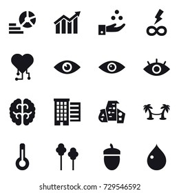 16 vector icon set : diagram, chamical industry, infinity power, cardio chip, houses, modern architecture, palm hammock, thermometer, trees, acorn, drop