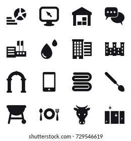 16 vector icon set : diagram, monitor arrow, warehouse, discussion, store, houses, palace, arch, towel, big spoon, cow, clean  window