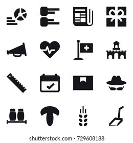16 vector icon set : diagram, newspaper, gift, loudspeaker, fort, ruler, spikelets, scoop