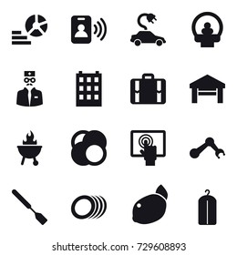 16 vector icon set : diagram, pass card, electric car, building, suitcase, garage, bbq, spatula, dry wash