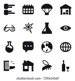 16 vector icon set : diagram, calendar, parachute, warehouse, smart glasses, bang, earth, globe, hotel, house, wasp, wine