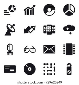 16 vector icon set : diagram, circle diagram, satellite antenna, up down arrow, server, cloud service, crystal  memory, smart glasses, mail, do not distrub