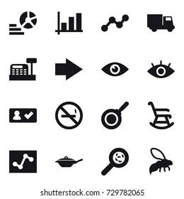 16 vector icon set : diagram, graph, truck, cashbox, right arrow, check in, no smoking, pan, rocking chair, viruses, wasp