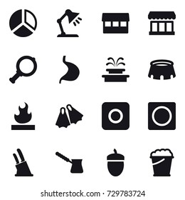 16 vector icon set : diagram, table lamp, market, magnifier, fountain, stadium, flippers, ring button, knife holder, turk, acorn, foam bucket