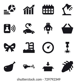 16 vector icon set : diagram, calendar, table lamp, pass card, electric car, jet robot, basket, bow, pool, barometer, blower, package, bug