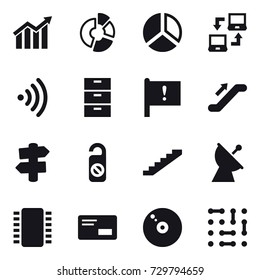 16 vector icon set : diagram, circle diagram, notebook connect, wireless, escalator, signpost, do not distrub, stairs, satellite antenna