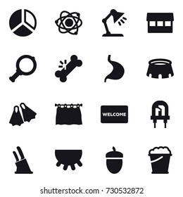 16 vector icon set : diagram, atom, table lamp, market, magnifier, stadium, flippers, curtain, welcome mat, knife holder, udder, acorn, foam bucket