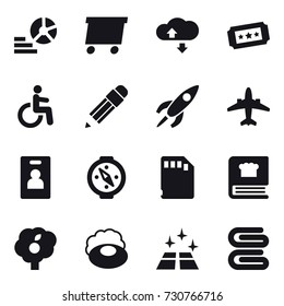 16 vector icon set : diagram, delivery, cloude service, ticket, pencil, airplane, identity card, compass, garden, soap, clean floor, stack of towels