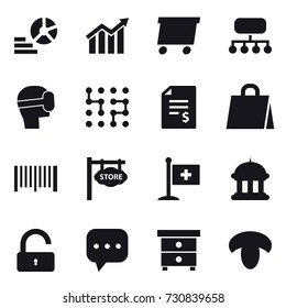 16 vector icon set : diagram, delivery, structure, virtual mask, chip, account balance, shopping bag, barcode, store signboard, goverment house, unlock, nightstand, mushroom