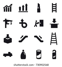 16 vector icon set : diagram, graph up, lipstick, stairs, tower crane, escalator, pickup, cleanser, cleanser powder, please clean