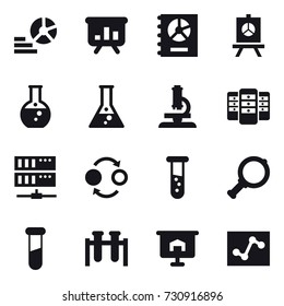 16 vector icon set : diagram, presentation, annual report, round flask, flask, microscope, server, quantum bond, vial, magnifier