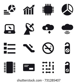 16 vector icon set : diagram, chip, notebook, satellite antenna, cloude service, cloud wireless, list, escalator, no smoking, do not distrub